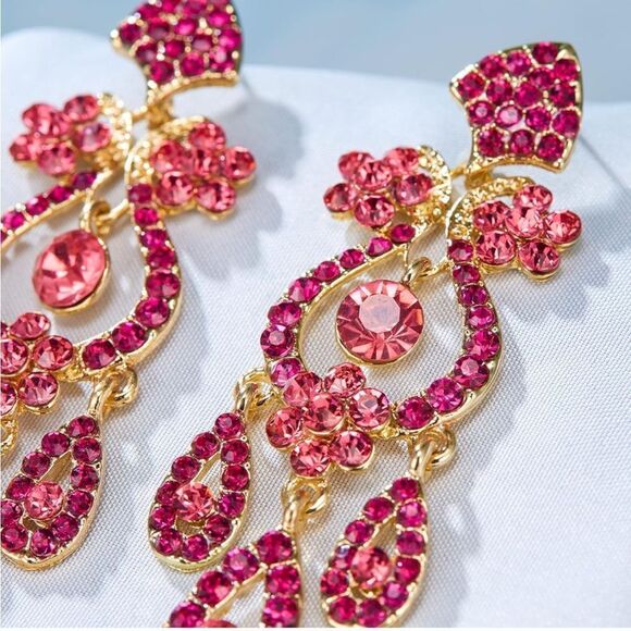 Yellow Gold with Raspberry Pink Austrian Crystal Flower Vase Chandelier Earrings - Picture 3 of 6